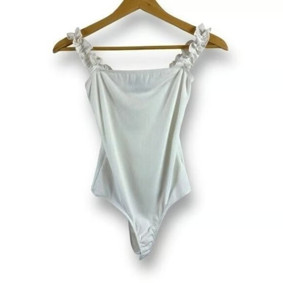 Other - 21 Saints Women's S Ruffle Strap Ribbed Bodysuit White Elevated Basic Coquette